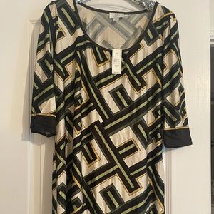 Ann Taylor Loft Dress Sz 12 P Beige Brown Artsy Geometric Print Dressy